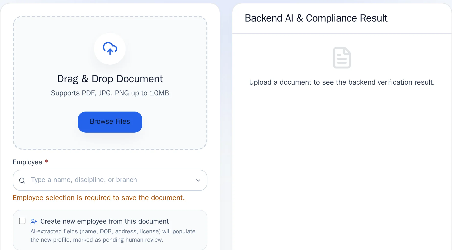 HR Me App document intake, demonstration data: a drag-and-drop upload card, an employee selector, a note that AI-extracted fields populate a new profile marked as pending human review, and an empty result pane asking to upload a document.